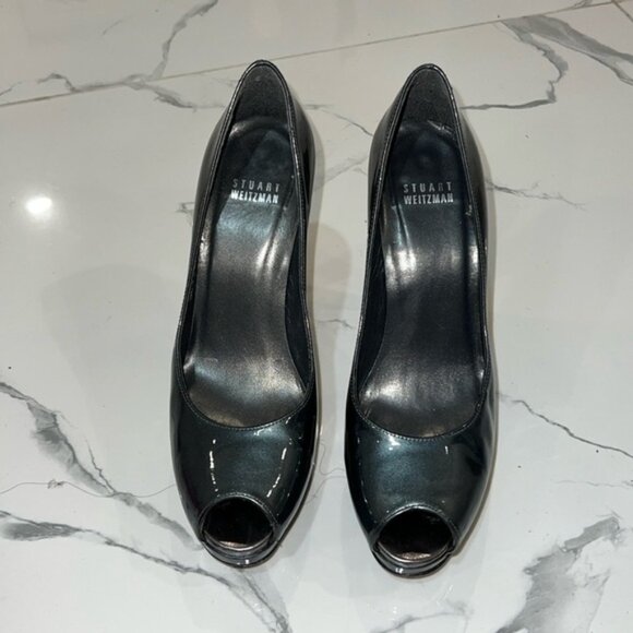 STUART Weitzman Shiny Gray peep toe platform evening prom high heels size 7.5 M - Picture 16 of 16